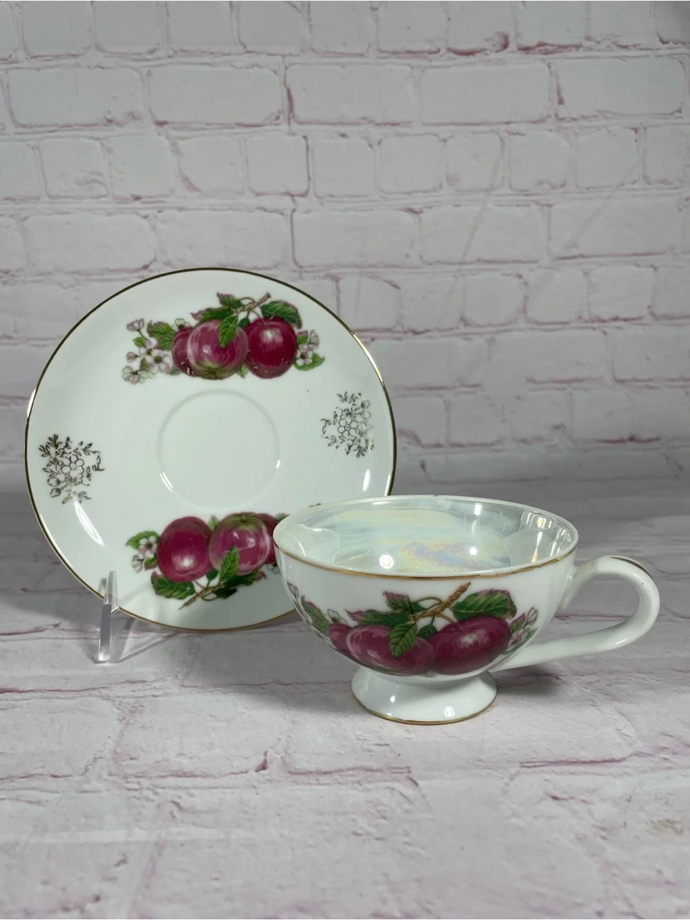 Vintage Plum and Floral Iridescent Footed Teacup and Saucer Set Gold Trim Japan